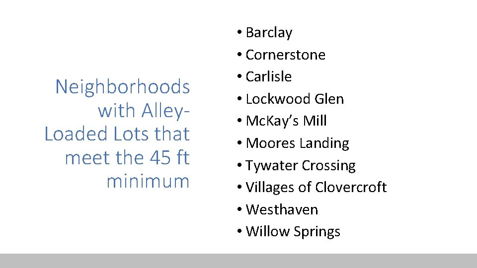 Neighborhoods with Alley. Loaded Lots that meet the 45 ft minimum • Barclay •