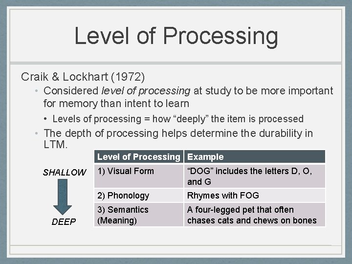 Level of Processing Craik & Lockhart (1972) • Considered level of processing at study