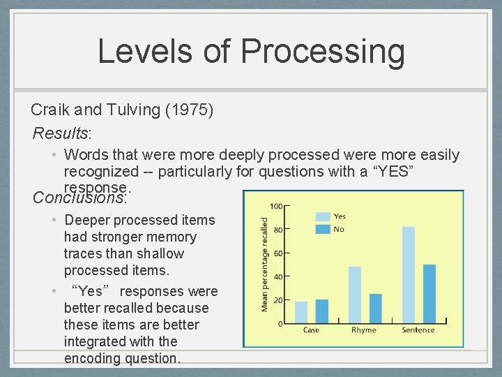 Levels of Processing Craik and Tulving (1975) Results: • Words that were more deeply