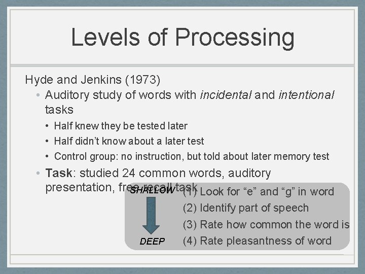 Levels of Processing Hyde and Jenkins (1973) • Auditory study of words with incidental