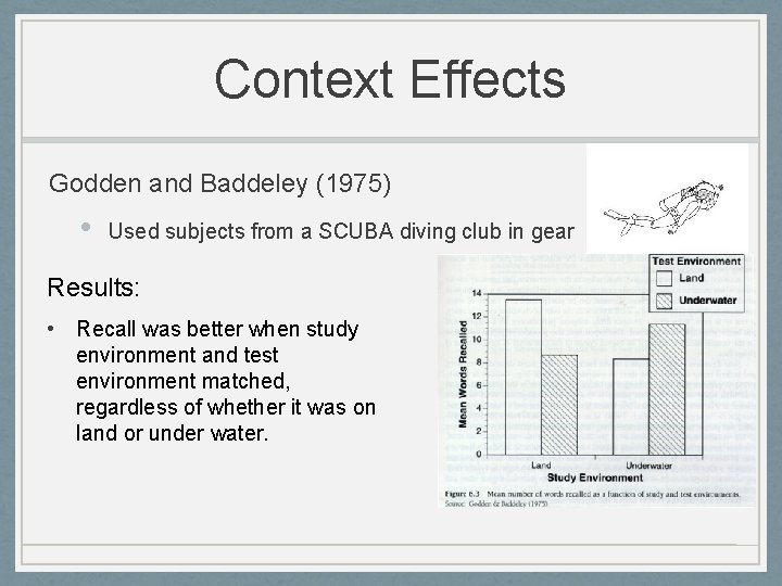 Context Effects Godden and Baddeley (1975) • Used subjects from a SCUBA diving club
