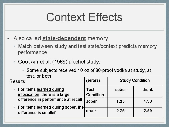 Context Effects • Also called state-dependent memory • Match between study and test state/context