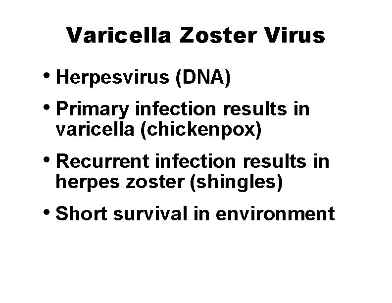 Varicella Zoster Virus • Herpesvirus (DNA) • Primary infection results in varicella (chickenpox) •