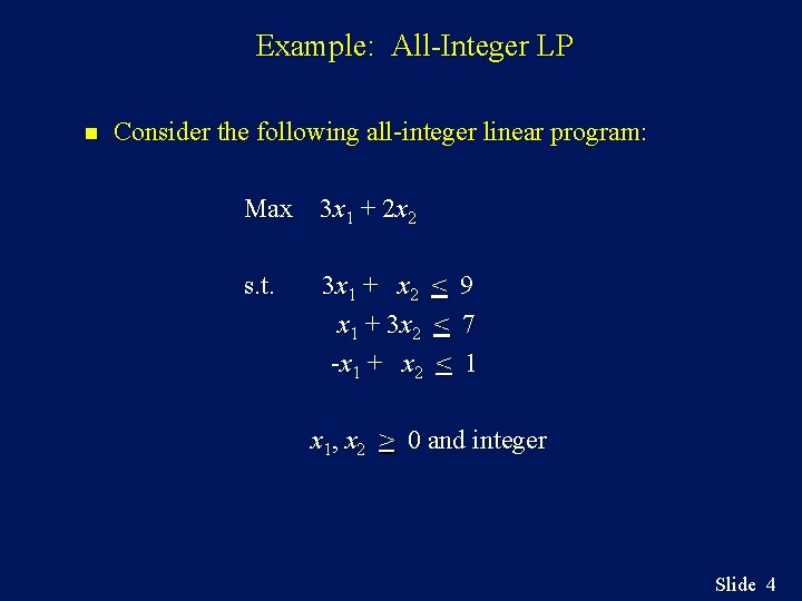 Example: All-Integer LP n Consider the following all-integer linear program: Max 3 x 1