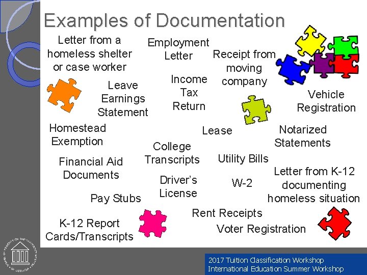 Examples of Documentation Letter from a homeless shelter or case worker Employment Receipt from