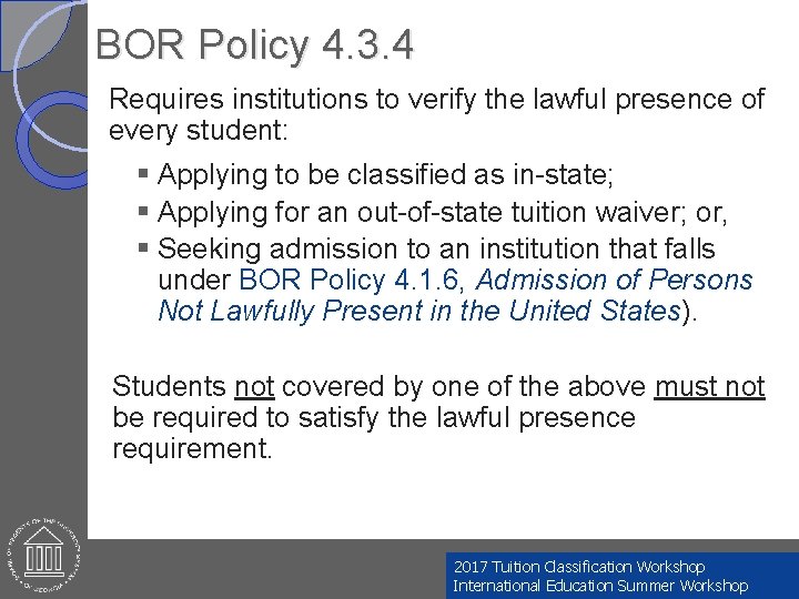 BOR Policy 4. 3. 4 Requires institutions to verify the lawful presence of every