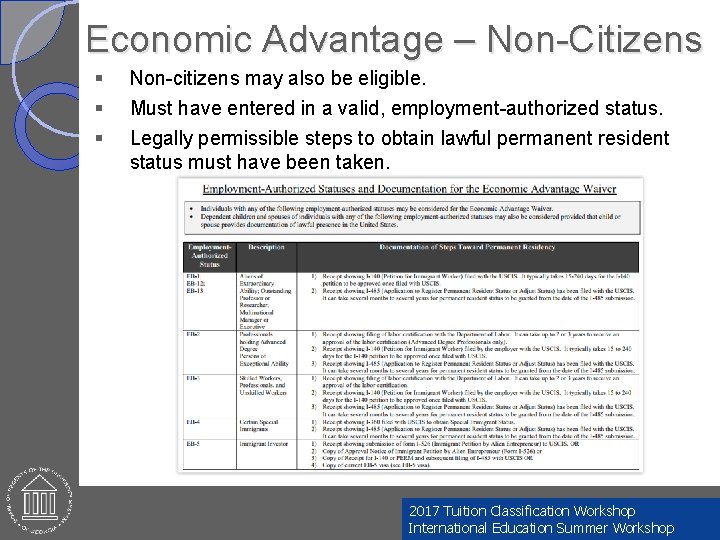 Economic Advantage – Non-Citizens § § § Non-citizens may also be eligible. Must have