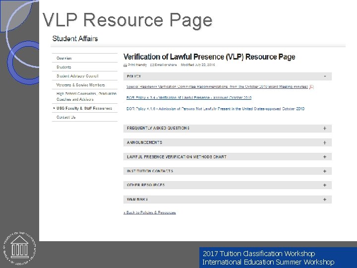 VLP Resource Page 2017 Tuition Classification Workshop International Education Summer Workshop 