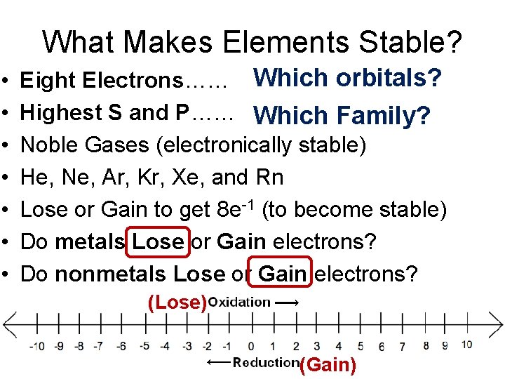 What Makes Elements Stable? • • Eight Electrons…… Which orbitals? Highest S and P……