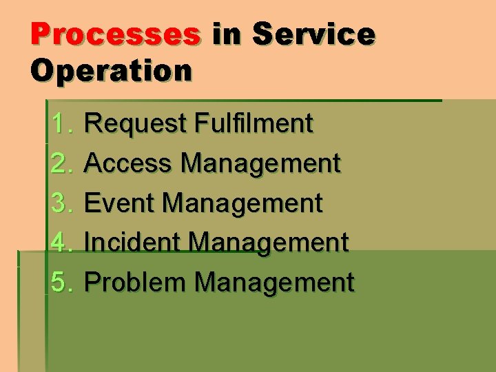 Processes in Service Operation 1. 2. 3. 4. 5. Request Fulfilment Access Management Event