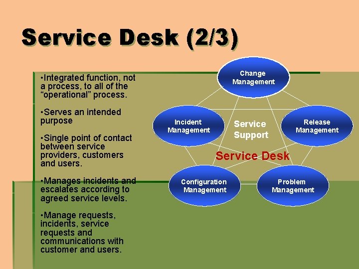 Service Desk (2/3) Change Management • Integrated function, not a process, to all of