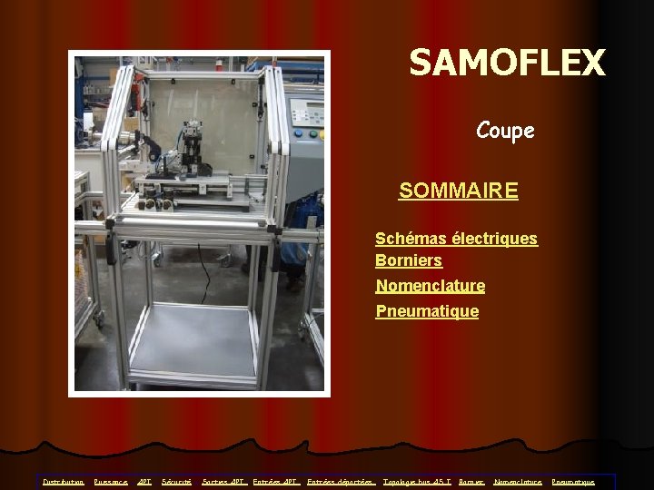 SAMOFLEX Coupe SOMMAIRE Schémas électriques Borniers Nomenclature Pneumatique Distribution - Puissance - API -
