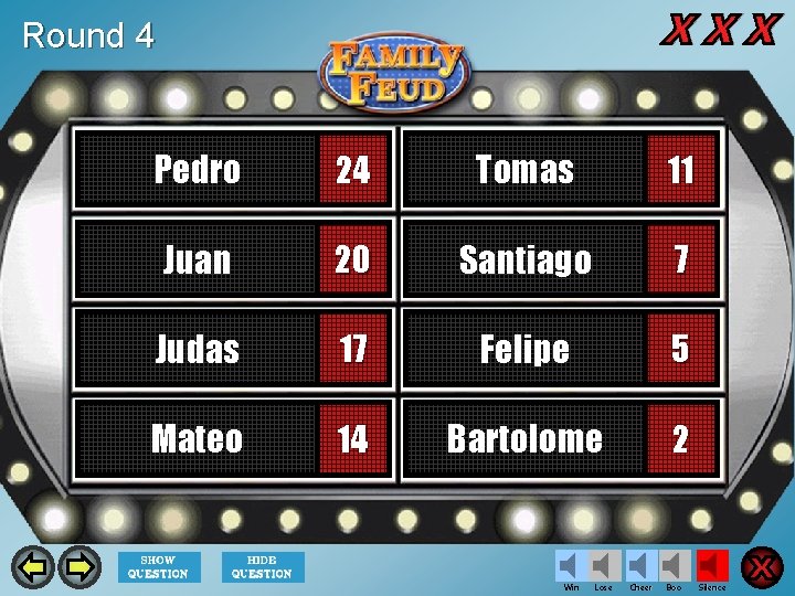 Round 4 Pedro 24 Tomas 11 Juan 20 Santiago 7 Judas 17 Felipe 5