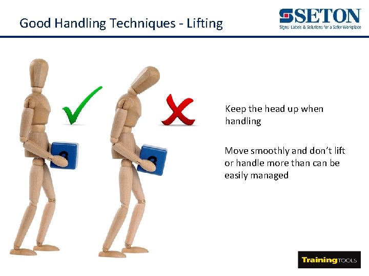 Good Handling Techniques - Lifting Keep the head up when handling Move smoothly and