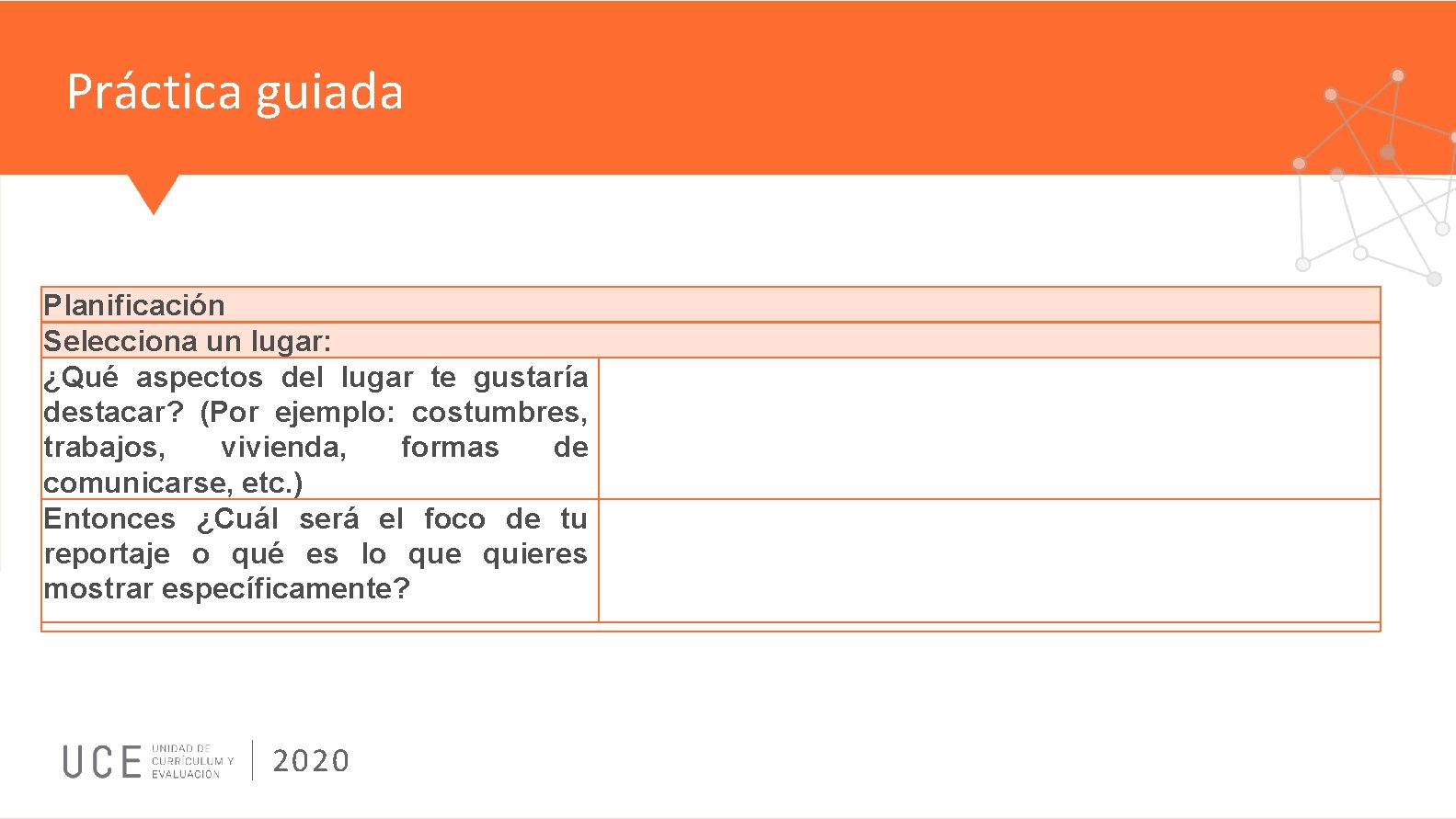 Práctica guiada Planificación Selecciona un lugar: ¿Qué aspectos del lugar te gustaría destacar? (Por