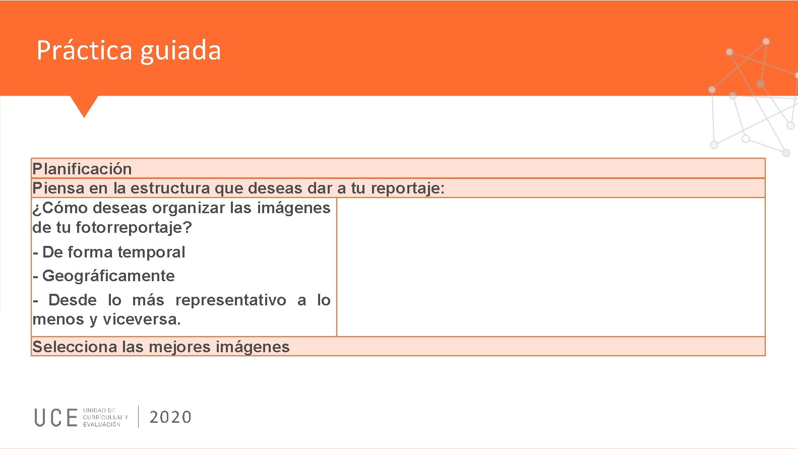 Práctica guiada Planificación Piensa en la estructura que deseas dar a tu reportaje: ¿Cómo