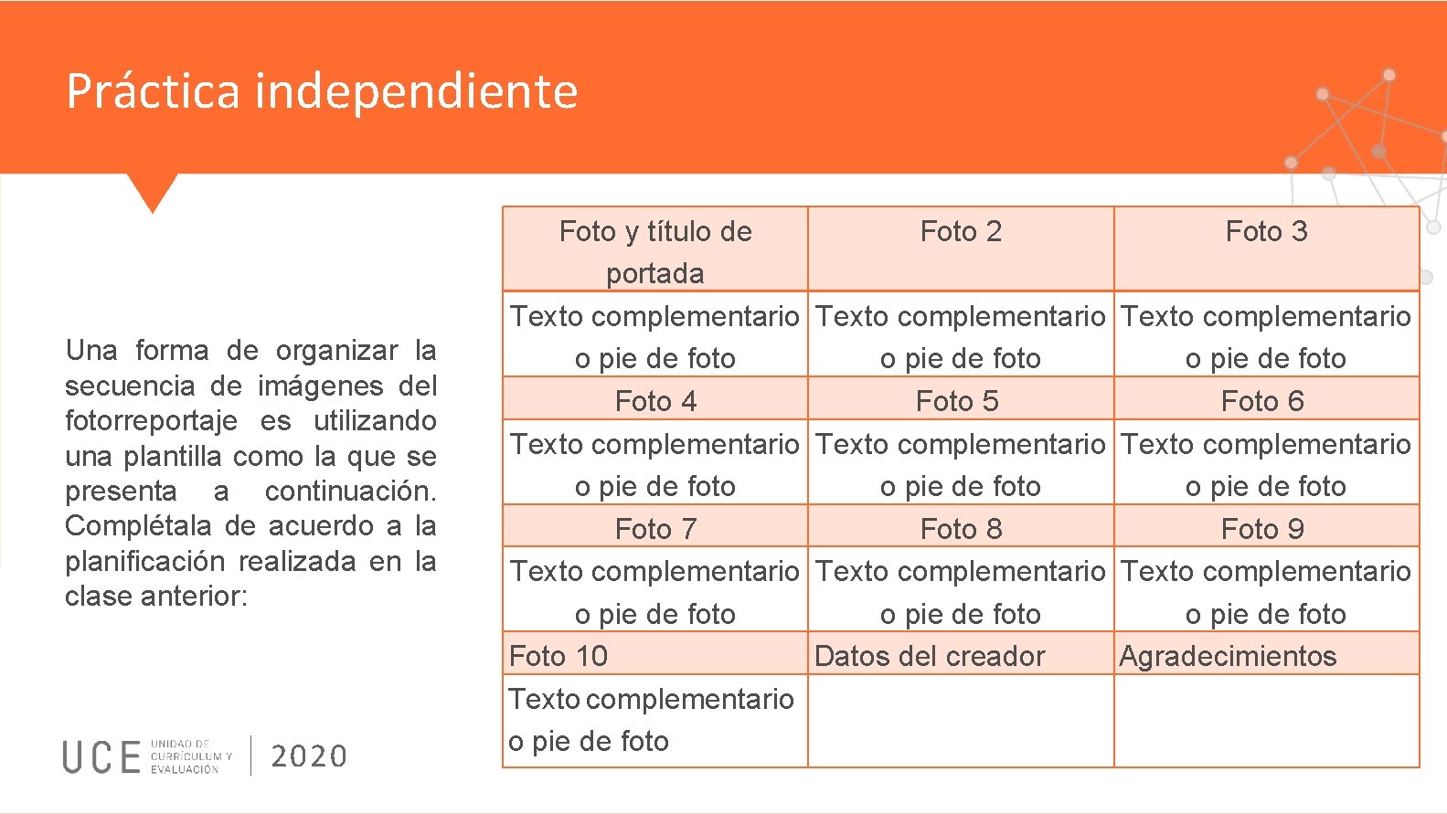 Práctica independiente Una forma de organizar la secuencia de imágenes del fotorreportaje es utilizando