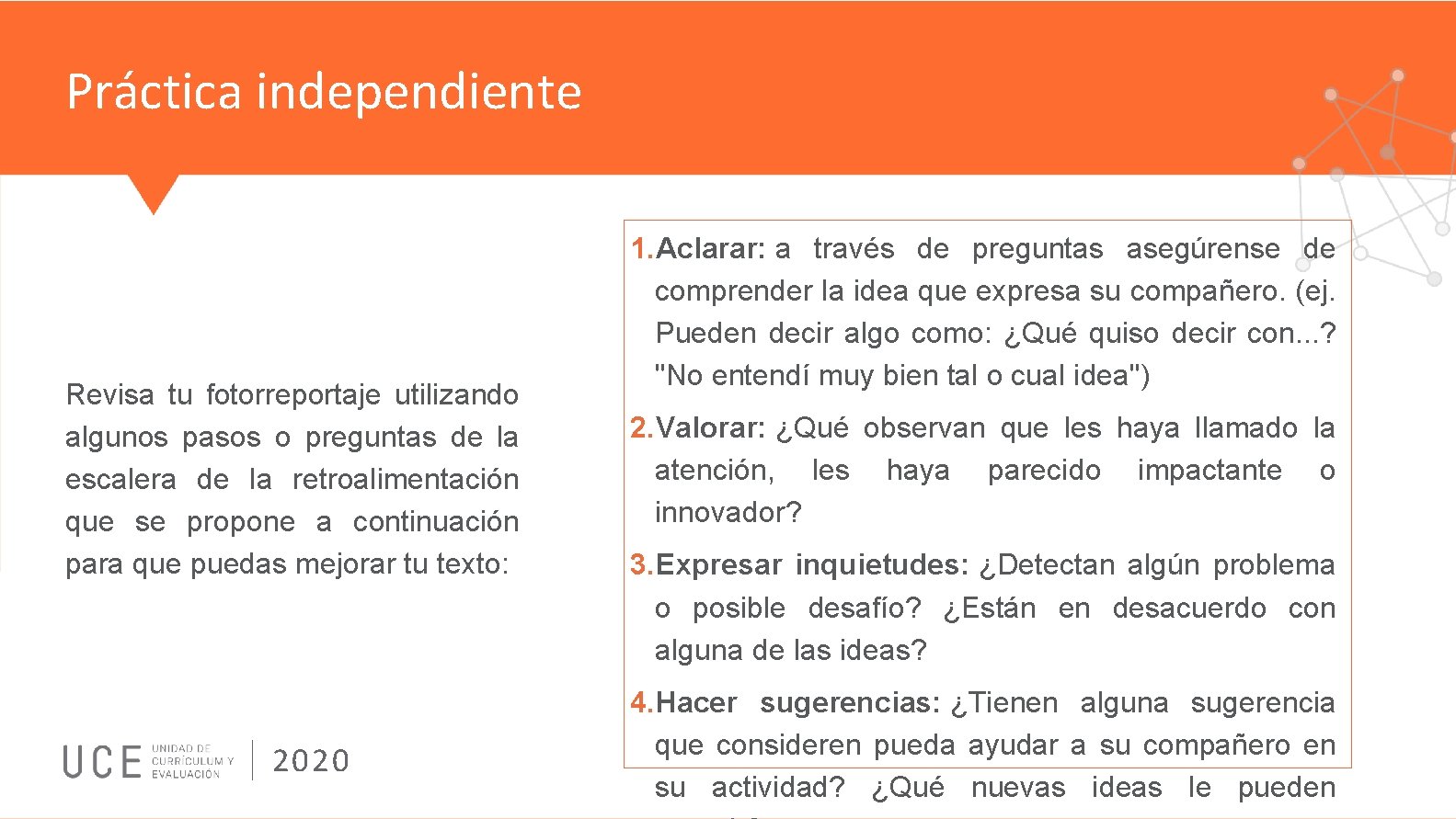 Práctica independiente Revisa tu fotorreportaje utilizando algunos pasos o preguntas de la escalera de