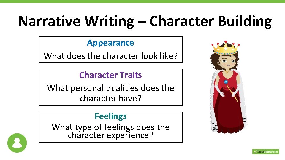Narrative Writing – Character Building Appearance What does the character look like? Character Traits