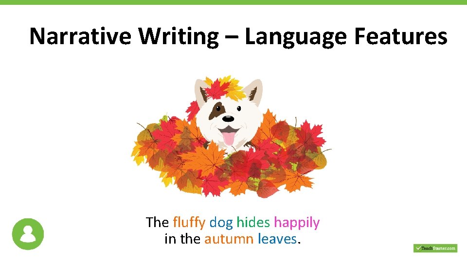Narrative Writing – Language Features The fluffy dog hides happily in the autumn leaves.