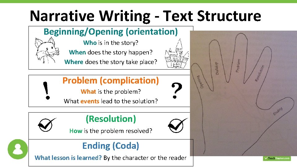Narrative Writing - Text Structure Beginning/Opening (orientation) Who is in the story? When does