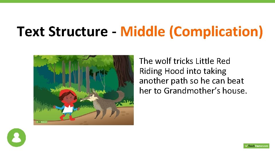 Text Structure - Middle (Complication) The wolf tricks Little Red Riding Hood into taking