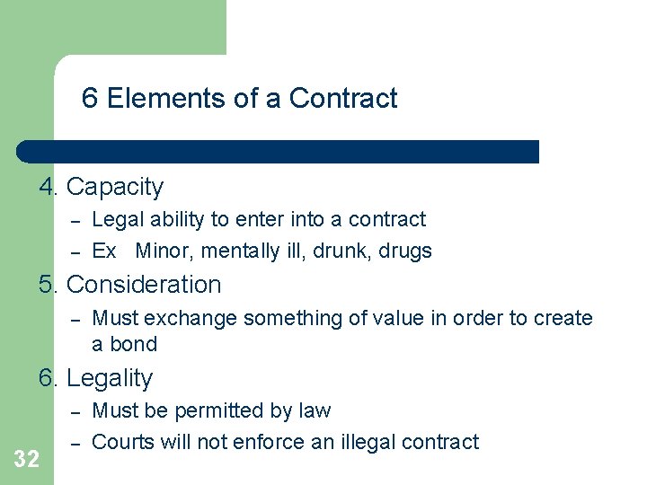 6 Elements of a Contract 4. Capacity – – Legal ability to enter into