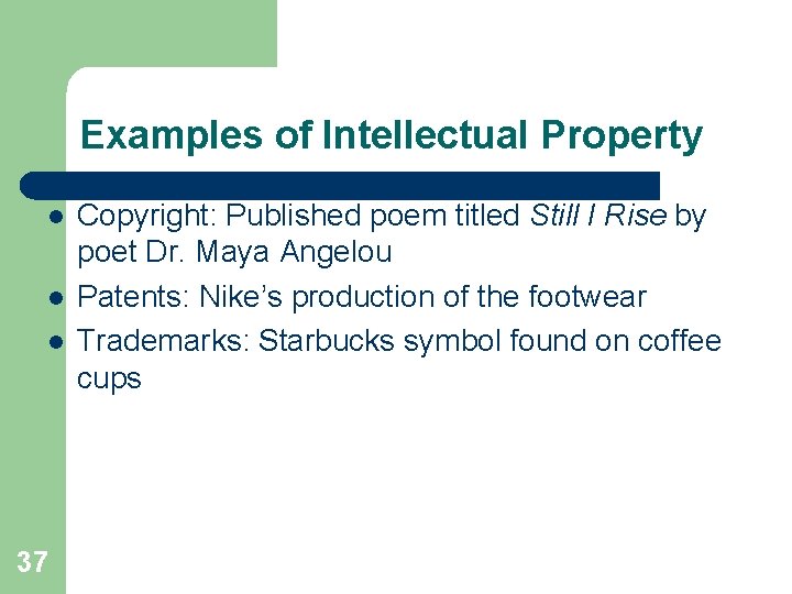 Examples of Intellectual Property l l l 37 Copyright: Published poem titled Still I