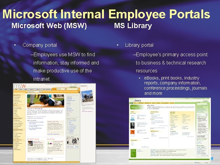 Microsoft Internal Employee Portals Microsoft Web (MSW) • Company portal –Employees use MSW to Microsoft Internal Employee Portals Microsoft Web (MSW) • Company portal –Employees use MSW to