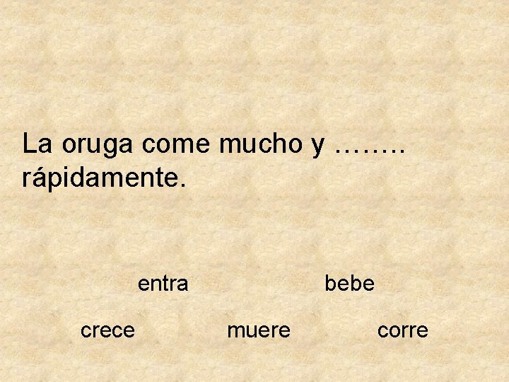 La oruga come mucho y ……. . rápidamente. entra crece bebe muere corre 