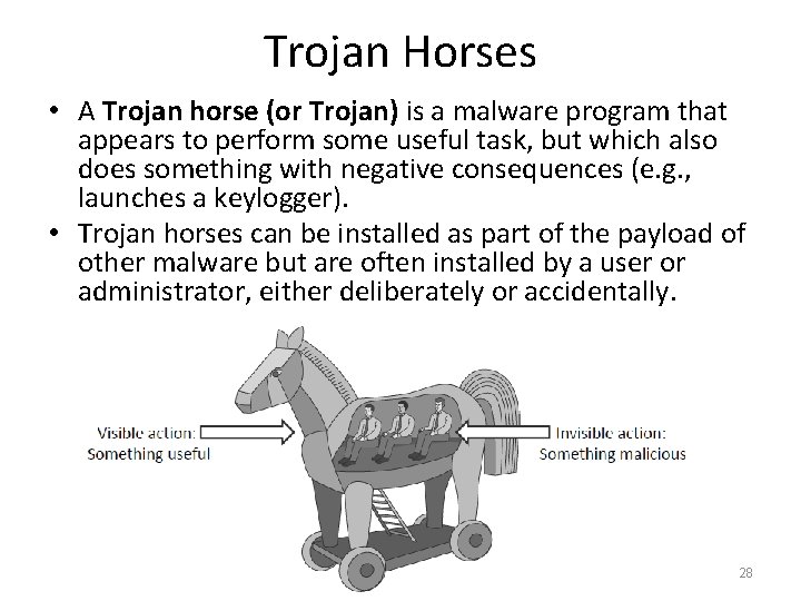 Trojan Horses • A Trojan horse (or Trojan) is a malware program that appears