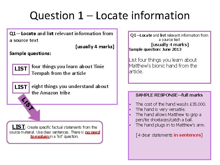 Question 1 – Locate information T S LI Q 1—Locate and list relevant information