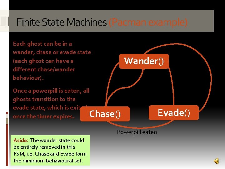 Finite State Machines (Pacman example) Each ghost can be in a wander, chase or