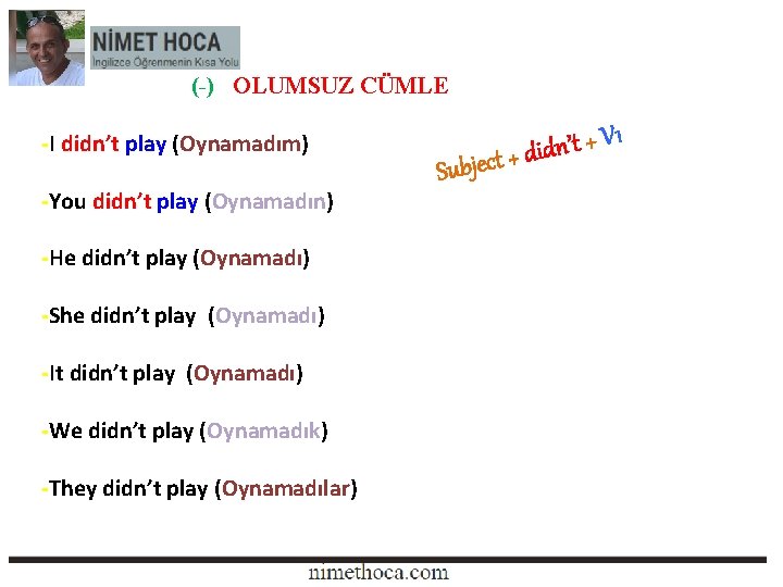 (-) OLUMSUZ CÜMLE -I didn’t play (Oynamadım) -You didn’t play (Oynamadın) -He didn’t (-) OLUMSUZ CÜMLE -I didn’t play (Oynamadım) -You didn’t play (Oynamadın) -He didn’t