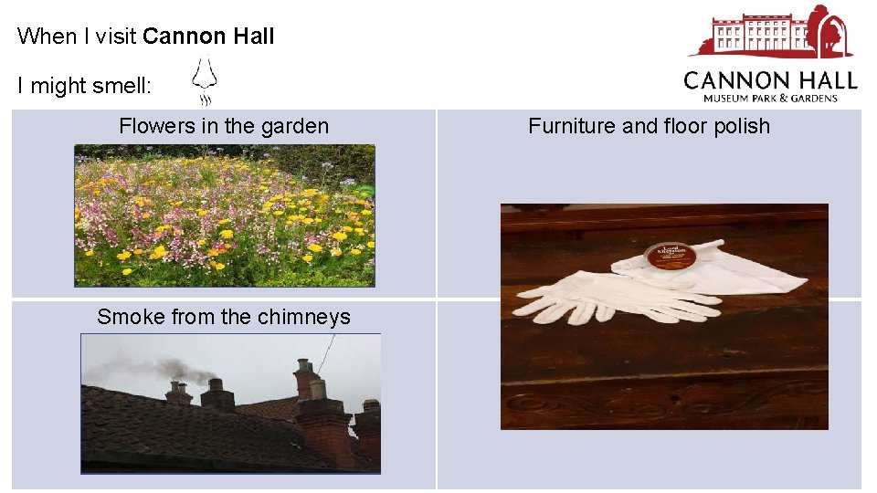 When I visit Cannon Hall I might smell: Flowers in the garden ………………. .