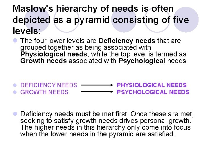 Maslow's hierarchy of needs is often depicted as a pyramid consisting of five levels: