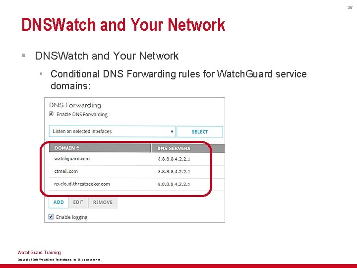 36 DNSWatch and Your Network § DNSWatch and Your Network • Conditional DNS Forwarding