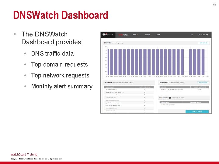 55 DNSWatch Dashboard § The DNSWatch Dashboard provides: • DNS traffic data • Top