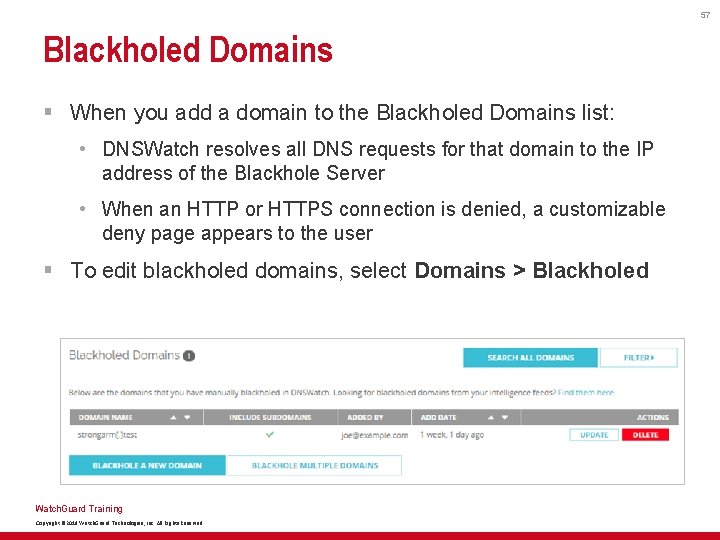 57 Blackholed Domains § When you add a domain to the Blackholed Domains list:
