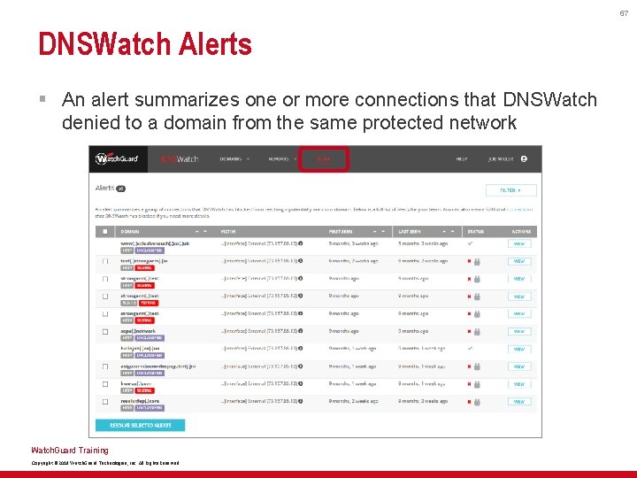 67 DNSWatch Alerts § An alert summarizes one or more connections that DNSWatch denied