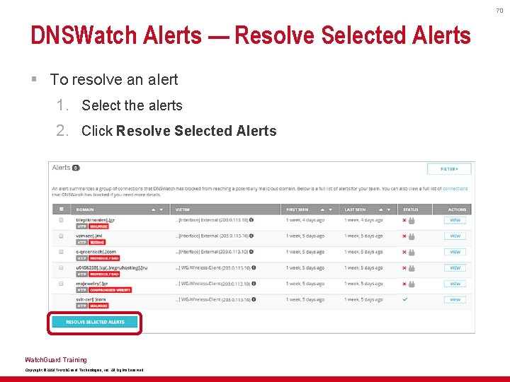 70 DNSWatch Alerts — Resolve Selected Alerts § To resolve an alert 1. Select