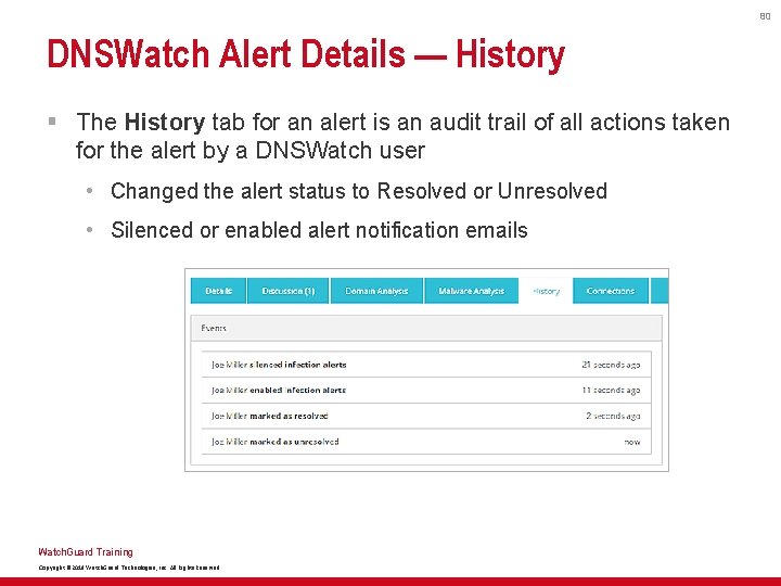 80 DNSWatch Alert Details — History § The History tab for an alert is