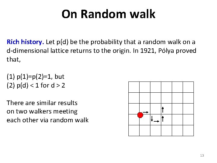 On Random walk Rich history. Let p(d) be the probability that a random walk