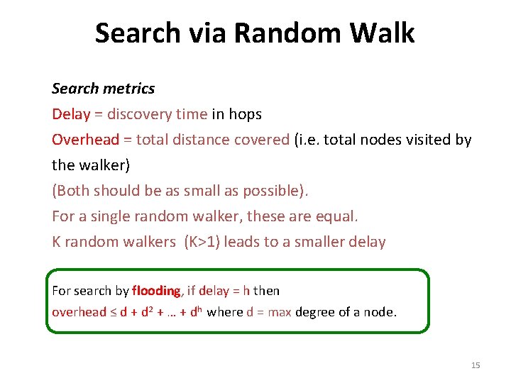 Search via Random Walk Search metrics Delay = discovery time in hops Overhead =
