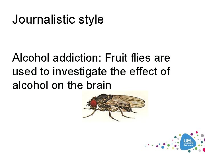 Journalistic style Alcohol addiction: Fruit flies are used to investigate the effect of alcohol