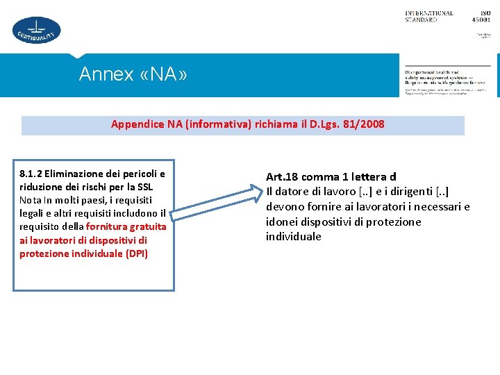 Annex «NA» Appendice NA (informativa) richiama il D. Lgs. 81/2008 8. 1. 2 Eliminazione