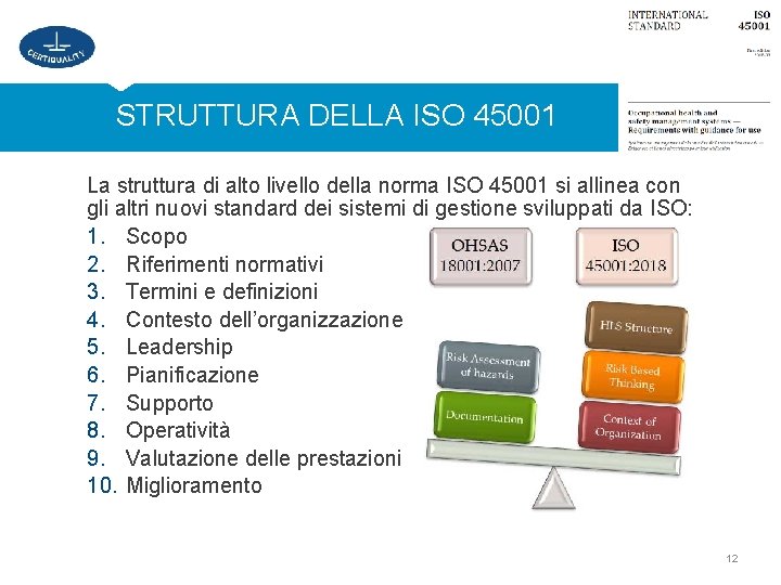 STRUTTURA DELLA ISO 45001 La struttura di alto livello della norma ISO 45001 si