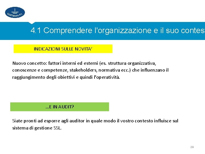 4. 1 Comprendere l'organizzazione e il suo contest INDICAZIONI SULLE NOVITA’ Nuovo concetto: fattori