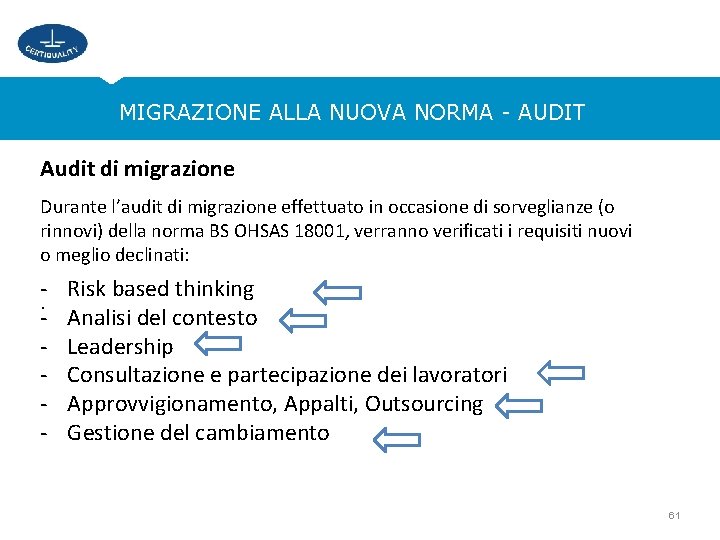 MIGRAZIONE ALLA NUOVA NORMA - AUDIT Audit di migrazione Durante l’audit di migrazione effettuato