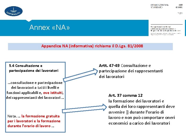 Annex «NA» Appendice NA (informativa) richiama il D. Lgs. 81/2008 5. 4 Consultazione e